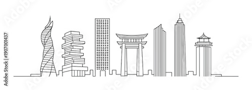 Abstract cityscape with modern and traditional asian architecture on dark background
