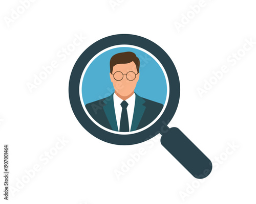 A cartoon illustration of a businessman being searched for with a magnifying glass