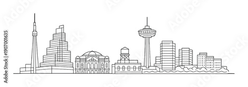 Futuristic cityscape skyline with modern towers and landmarks on dark backdrop