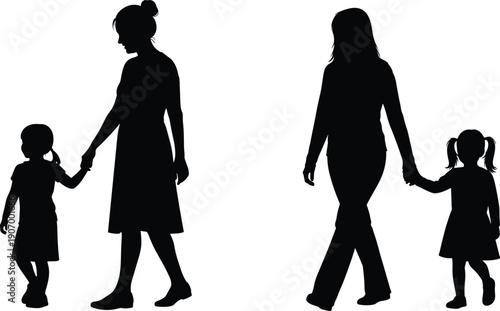 Mother and daughter silhouettes walking holding hands black vector illustration isolated on white background parenting love concept stock design set