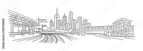 Futuristic cityscape with illuminated skyscrapers and modern railway infrastructure