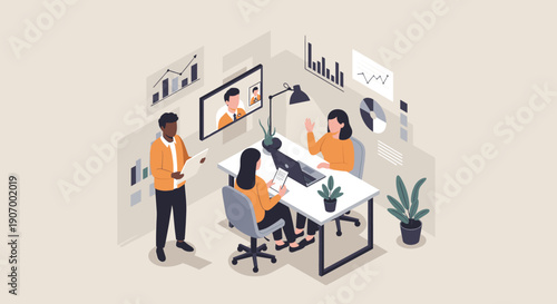 A vibrant office scene with colleagues collaborating, ideal for business presentations and team-building content.