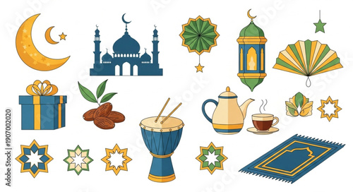 Islamic cultural symbols and objects for Ramadan and Eid celebrations.