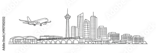 Monochrome cityscape with airplane landing and modern skyline
