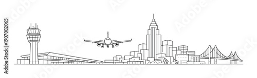 Black and white urban skyline with airplane and control tower illustration