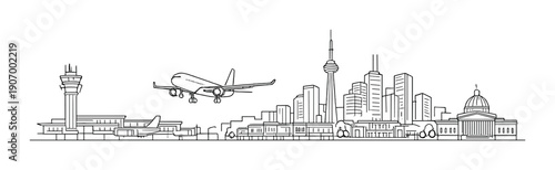 Airplane approaching city skyline with control tower in minimalist design