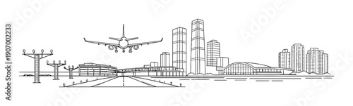 Monochrome cityscape with runway and airplane in flight over urban skyline