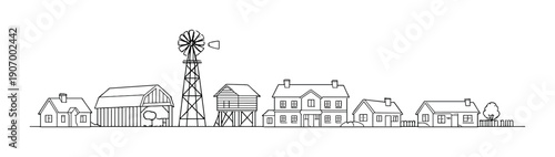 Minimalist black and white farm scene with silhouetted buildings and windmill