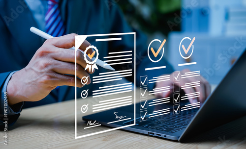 Businessman signing digital forms with quality checkmarks for secure document validation, online approval process, workflow management, and regulatory compliance solutions.