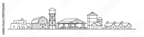 Minimalist black and white farm silhouette with buildings and structures