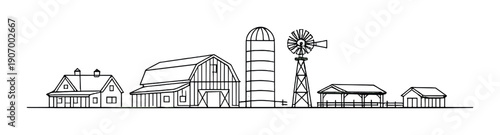 Minimalist farm silhouette with barn, silo, and windmill on gradient background