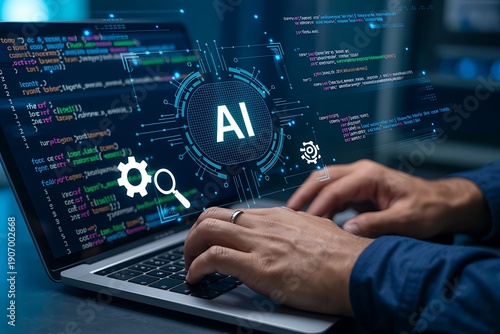 AI coding tool. Assisting software development and automating tasks. Programmer using AI to generate code for creating applications on laptop.