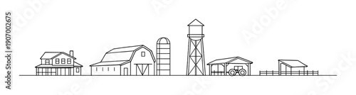 Minimalist silhouette of rural farm structures on grayscale background
