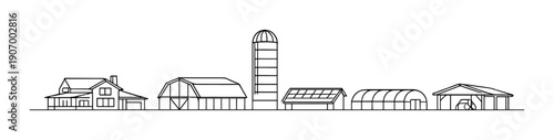 Minimalist farm silhouette with barns and silos on gray background