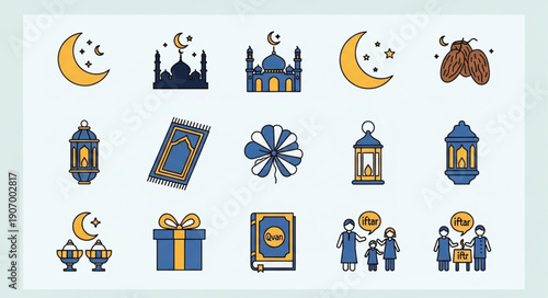 Islamic cultural symbols and icons for Ramadan and Eid celebrations.