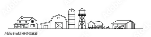 Minimalist farm skyline: barns, silo, water tower, chickens, and hay bales