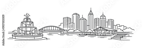 Line art of cityscape with fountain and skyline