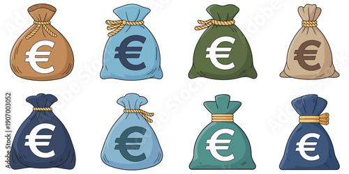 Bags with Euro Signs, vector set showing euro currency symbols on shopping and tote bags, isolated on white background for financial, commerce, and money-related illustration projects.