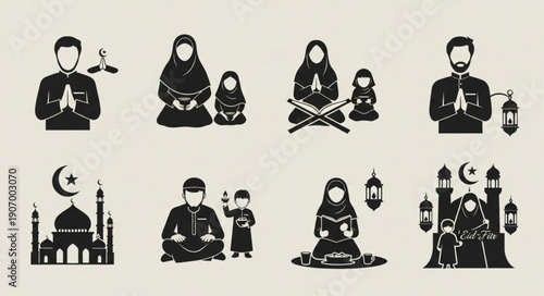 Islamic cultural symbols and figures in silhouette style.