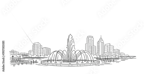 Night skyline with illuminated fountain and cityscape silhouette