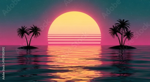 Vibrant tropical sunset over serene ocean with palm trees