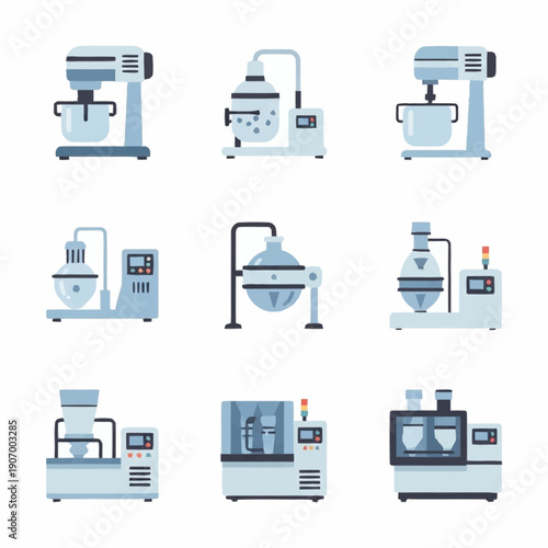 Collection of various industrial mixers and blenders for food and chemical processing.
