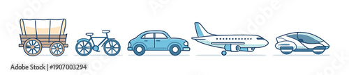 Evolution of transportation from wagon to futuristic vehicle