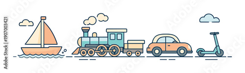 Colorful line art of various modes of transportation including boat, train, car, and scooter