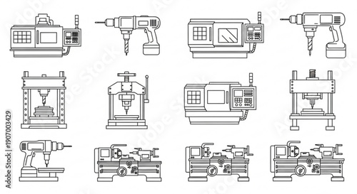 Collection of Industrial Machinery and Power Tools in a Factory Setting Illustrated