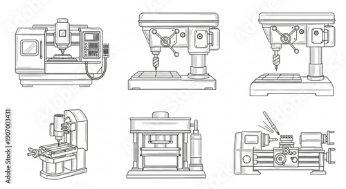 Collection of industrial machinery and equipment illustrations from various viewpoints and configurations