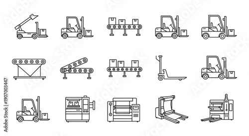Collection of industrial machinery illustrations showcasing various forklifts and equipment from a straightforward viewpoint