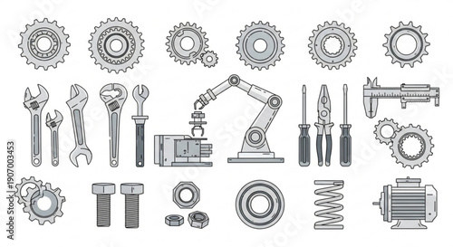 Assorted industrial machinery parts and tools arranged neatly in a grid, showcasing various mechanical components from different viewpoints.