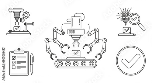 Industrial robotic arms and machinery icons for manufacturing process and quality control in a modern factory setting from a top viewpoint