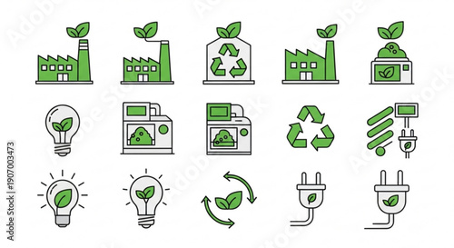 Sustainable Energy Icons Representing Eco-Friendly Technology and Renewable Resources in Various Industrial Settings