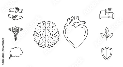 Illustration of human health elements including brain, heart, and wellness icons in a modern minimalist style