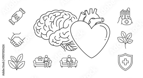 Line illustration of brain and heart surrounded by health-related icons depicting wellness and medical care in a simple graphic representation