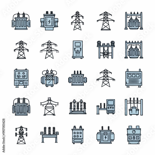 Electrical Power Transmission and Distribution Equipment Icons Set.