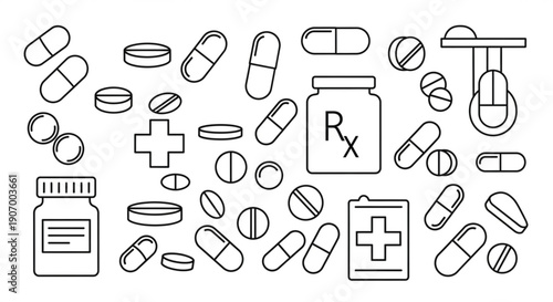 Medical supplies and pills arranged in a flat illustration style