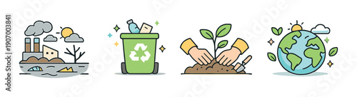 Environmental conservation icons: pollution, recycling, planting, earth