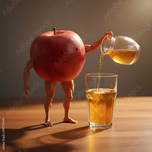 Strong 3D Apple Character Pouring Fresh Juice into Glass, Creative Healthy Drink Concept