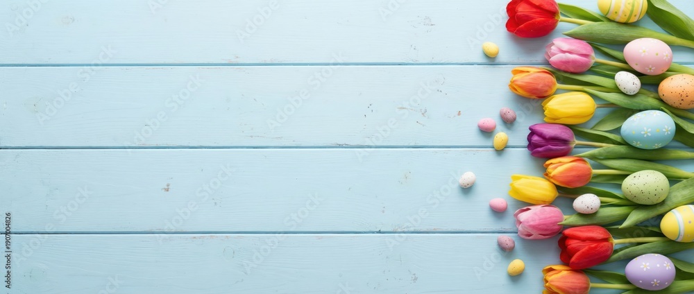 Obraz premium Spring celebration with colorful tulips and easter eggs on light blue background festive atmosphere photography seasonal joy