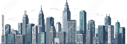 Cityscape illustration featuring skyscrapers, buildings, and urban landscape from a distant viewpoint