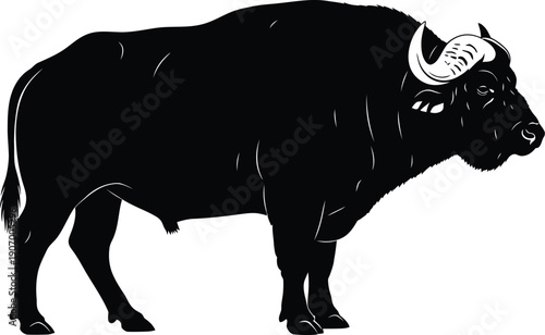 A majestic black bull stands proudly with sharp horns in a vector illustration