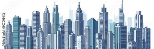 Cityscape illustration of modern skyscrapers and urban landscape viewed from a high vantage point.