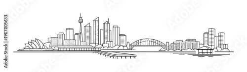 Sydney skyline silhouette with iconic landmarks and bridge