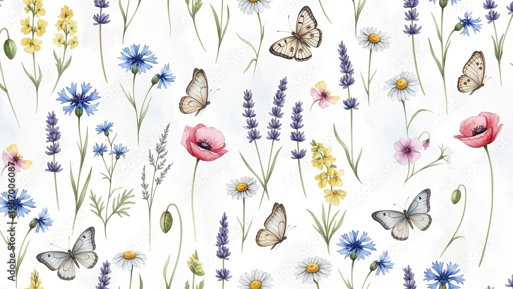 Fototapeta premium Delicate butterflies flutter among colorful wildflowers in a serene meadow scene illustration