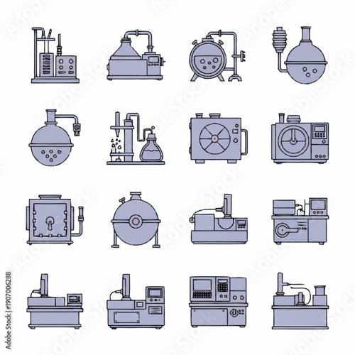 Collection of industrial and scientific laboratory equipment illustrations.