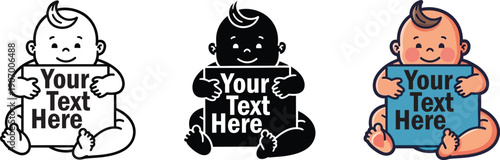 Chubby baby sitting and holding a sign with custom text, perfect for showcasing products or personal messages, copy space