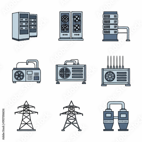 Collection of various industrial and technological equipment icons.