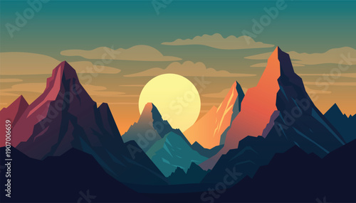 Evening Sunset Mountain Landscape Illustration